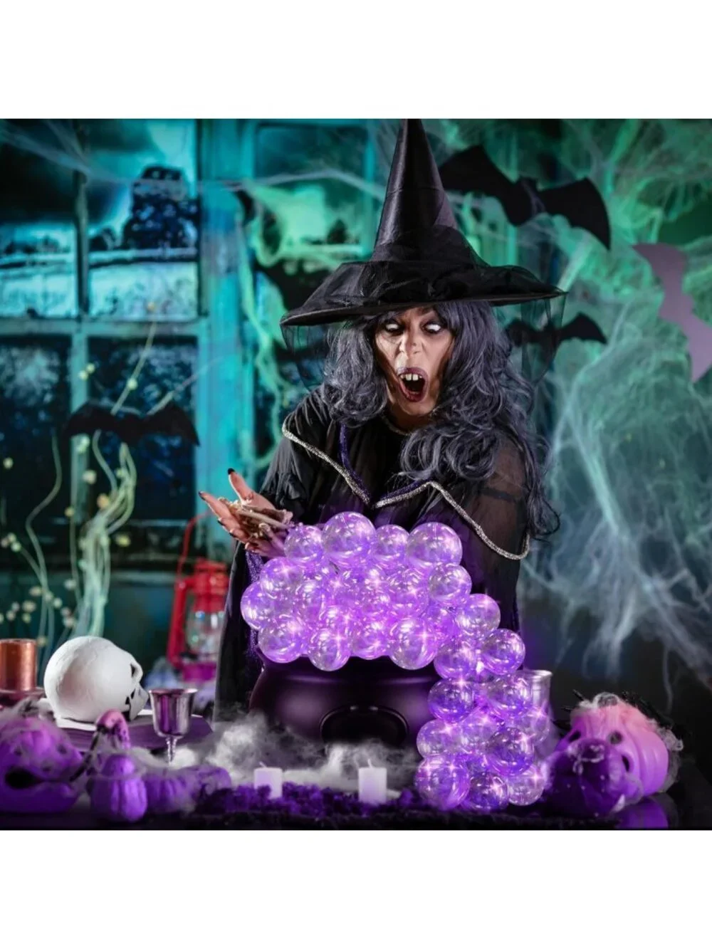 Spooky Halloween Cauldron Decor Set - Bubbling Bowl with Lights & Plastic Balls